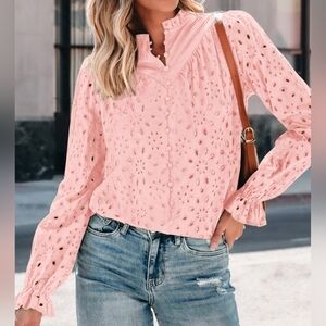 Zesica Eyelet Ruffled Collar Cuff Viscose Blouse w/ Pintuck Yolk P2P 22 in.